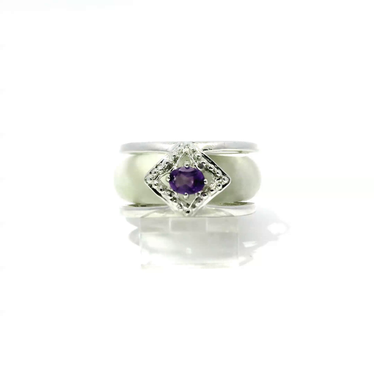 White jadeite detachable ring with amethyst accent in 925 silver and 18k white gold plating