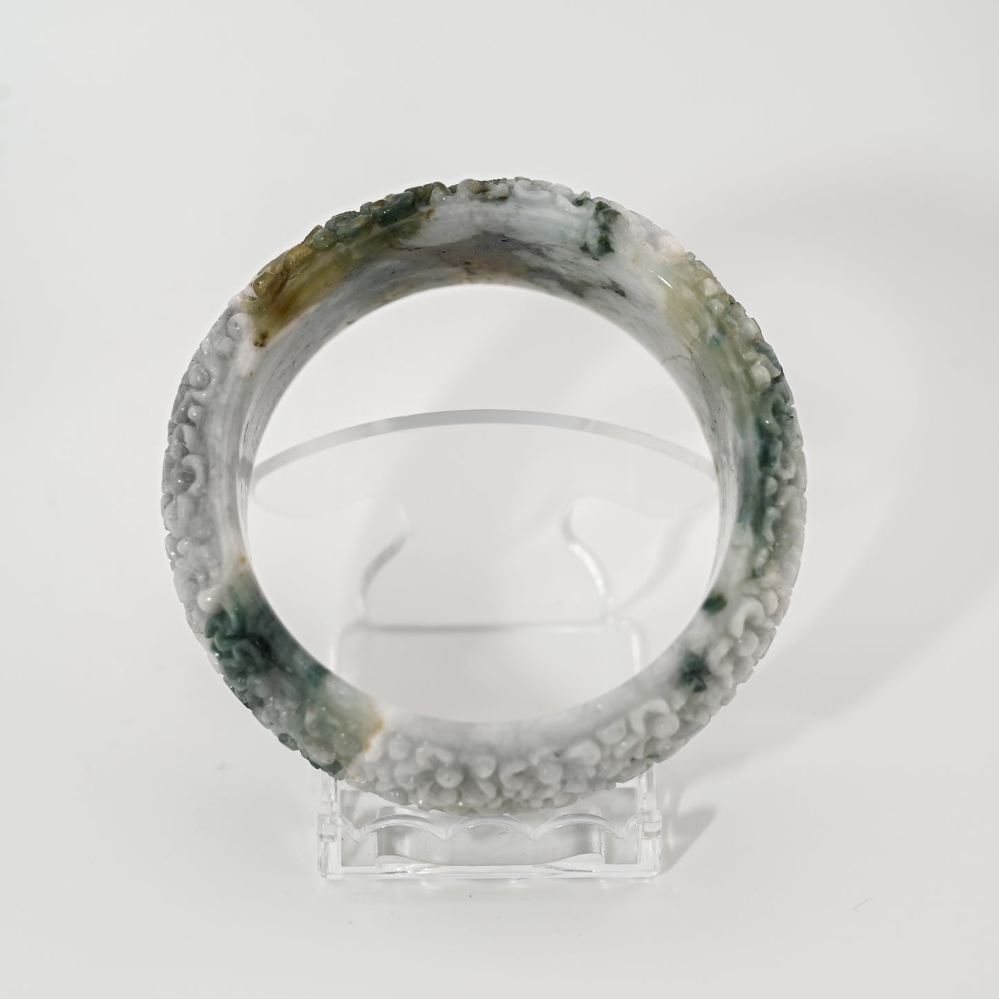 Engraved Burmese Jade Bangle Cuff – White & Vintage