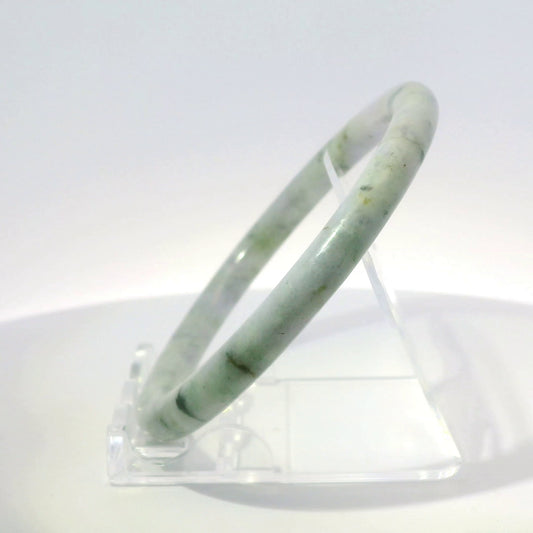 61mm Lavender Black Round Jade Bangle, angled side view on display stand, authentic Type A Burma jadeite, Brother Ryan Shop