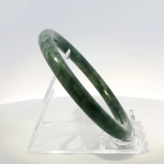 58mm Imperial Wuji Round Jade Bangle, upright edge view on display stand, authentic Type A Burma jadeite, Brother Ryan Shop