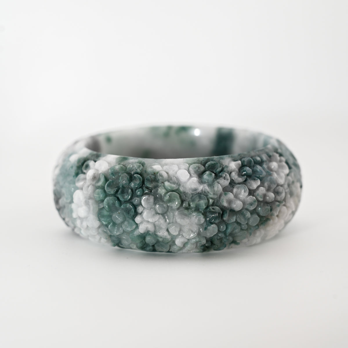Floral-engraved Burmese jadeite bangle cuff in lavender, white and icy ocean blue