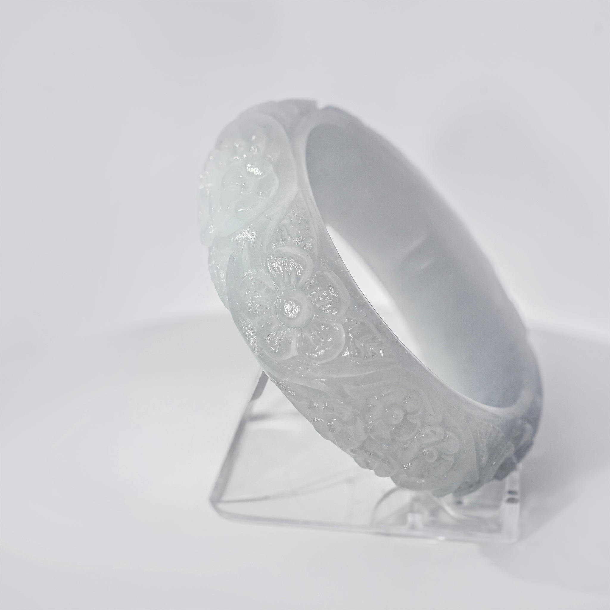 Size 61 HQ White Flower Carved Jade Bangle