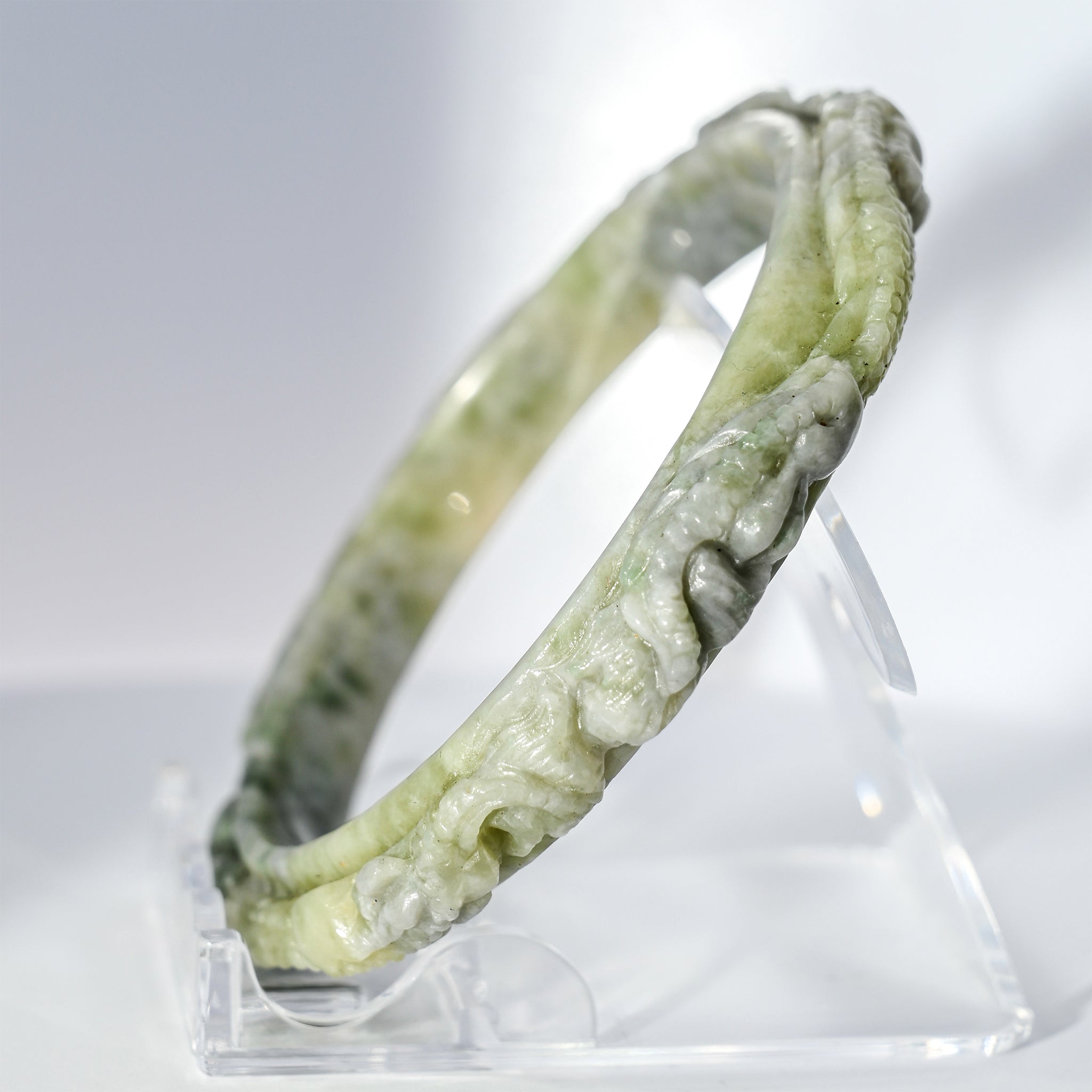 S59 Apple Lavender Twin Dragon Carved Jade Bangle