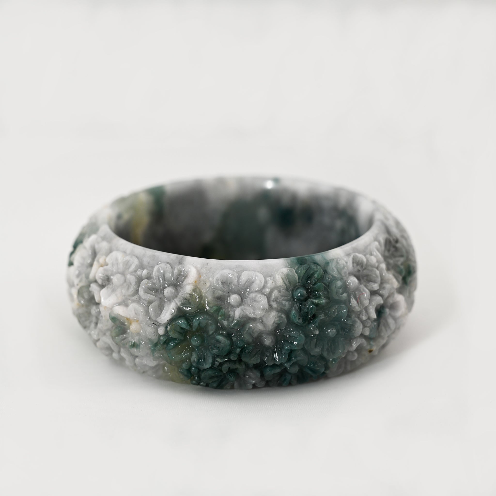 HQ S62 Flower Carved Cuffed Jade Bangle Bracelet