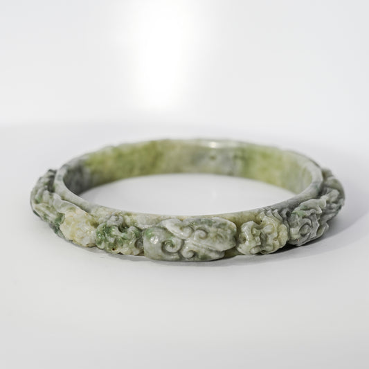 S59 Apple Lavender Twin Dragon Carved Jade Bangle