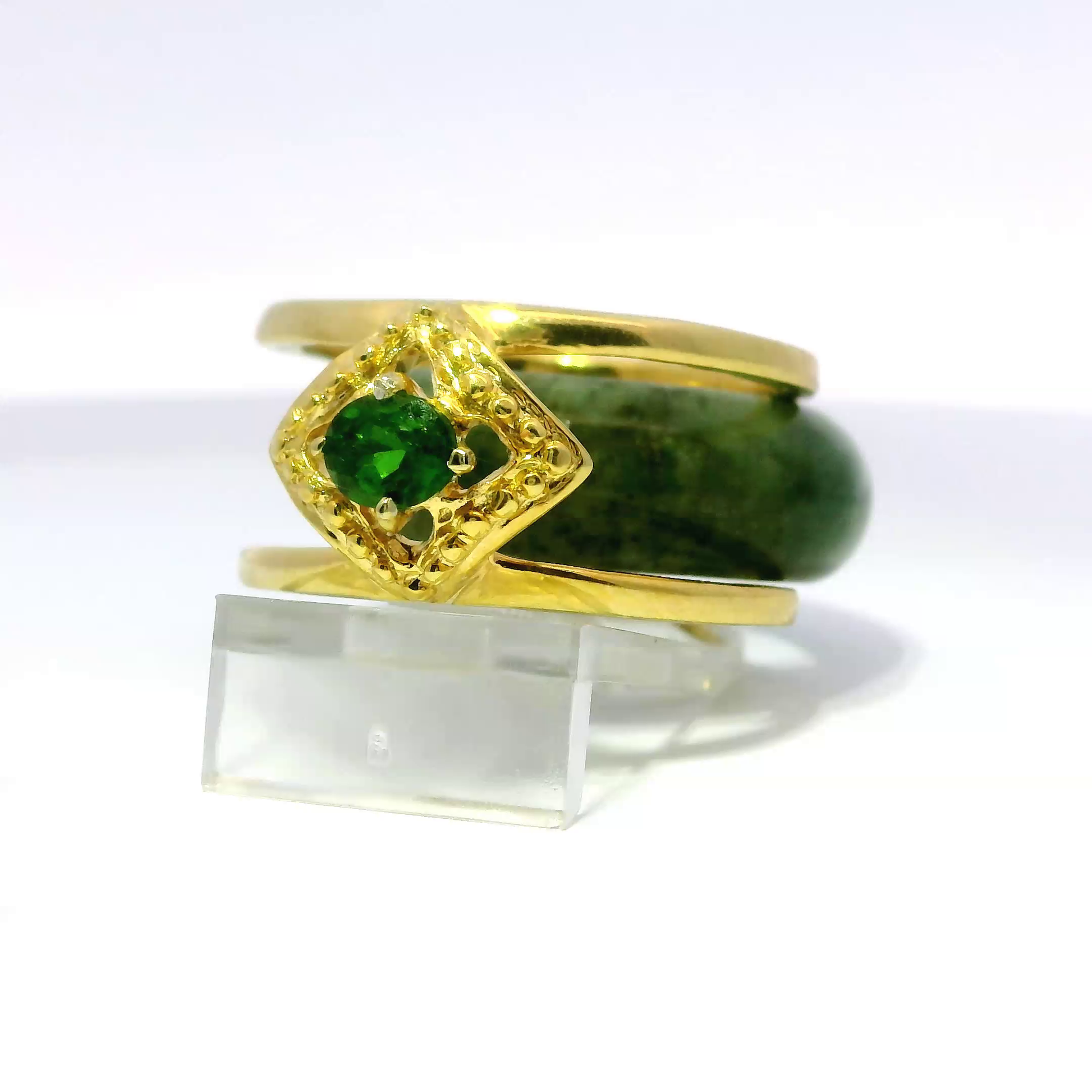 Deep apple green jadeite ring with chrome diopside accent, 925 silver and 18k gold plating
