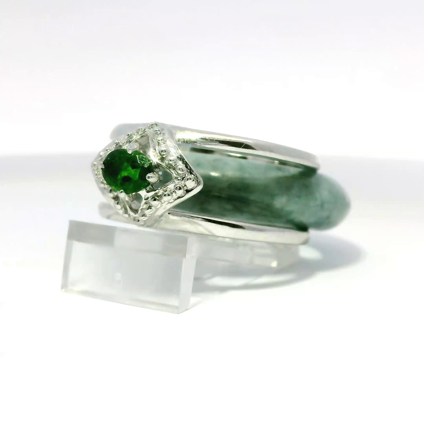 Ocean Blue Burmese Jadeite Ring with Chrome Diopside Accent — 925 Silver, 18K White Gold Plated | Convertible Frame | Size 8
