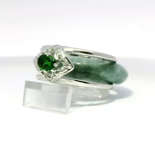 Ocean Blue Burmese Jadeite Ring with Chrome Diopside Accent — 925 Silver, 18K White Gold Plated | Convertible Frame | Size 8