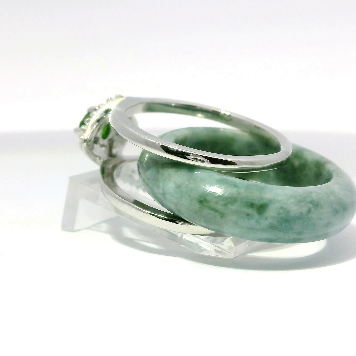 Ocean Blue Burmese Jadeite Ring with Chrome Diopside Accent — 925 Silver, 18K White Gold Plated | Convertible Frame | Size 8