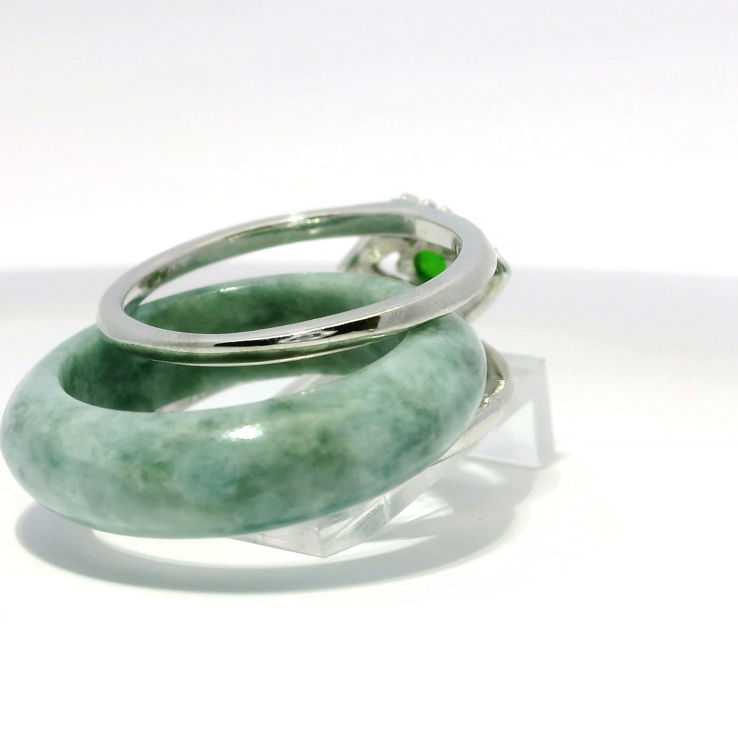 Ocean Blue Burmese Jadeite Ring with Chrome Diopside Accent — 925 Silver, 18K White Gold Plated | Convertible Frame | Size 8