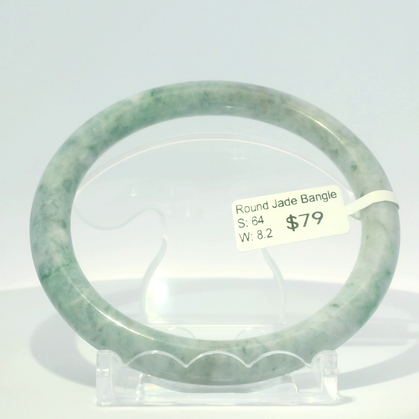 Natural Burmese jadeite bangle in white with ocean blue, 64mm inner diameter, hand-polished
