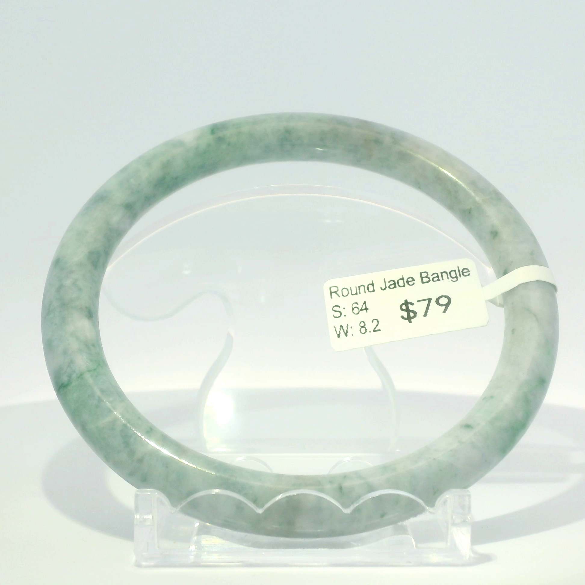 Natural Burmese jadeite bangle in white with ocean blue, 64mm inner diameter, hand-polished
