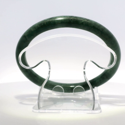 Natural Burmese Jadeite Bangle 61.3mm imperial black top view on display stand - SL431