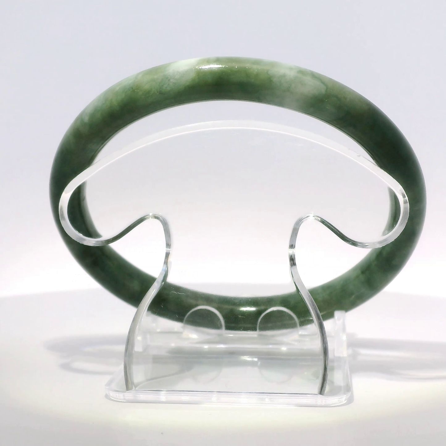 Natural Burmese Jadeite Bangle 61.4mm vintage imperial white top view on display stand - SL432