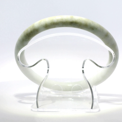 Natural Burmese Jadeite Bangle 61mm white mountain jade top view on display stand - SL720