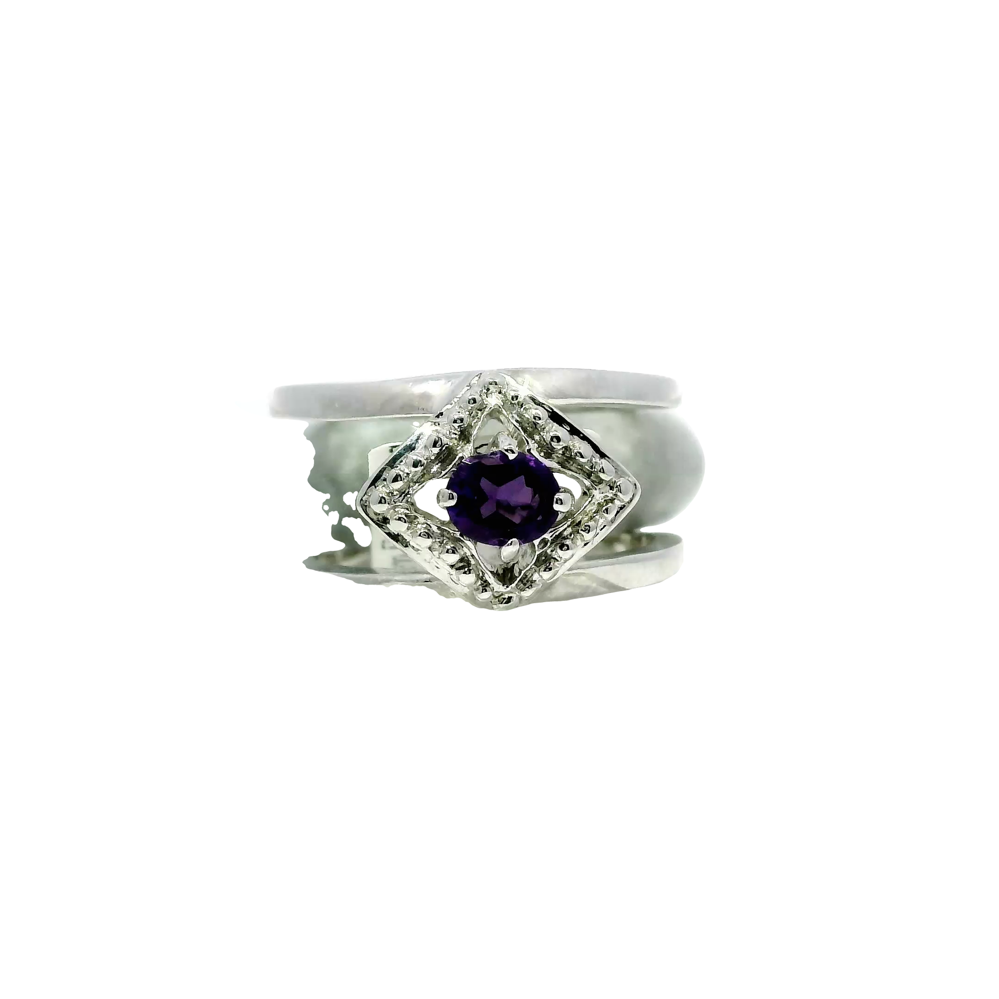 Deep wuji jadeite ring with amethyst accent in 925 silver and 18k white gold plating