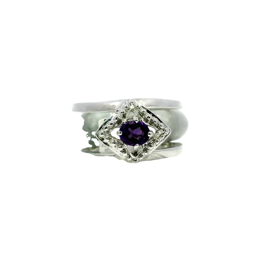 Deep wuji jadeite ring with amethyst accent in 925 silver and 18k white gold plating