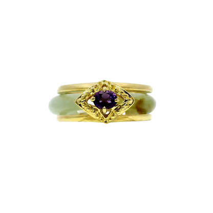 Icy vintage jadeite ring with brown undertones and amethyst accent, 925 silver, 18k gold