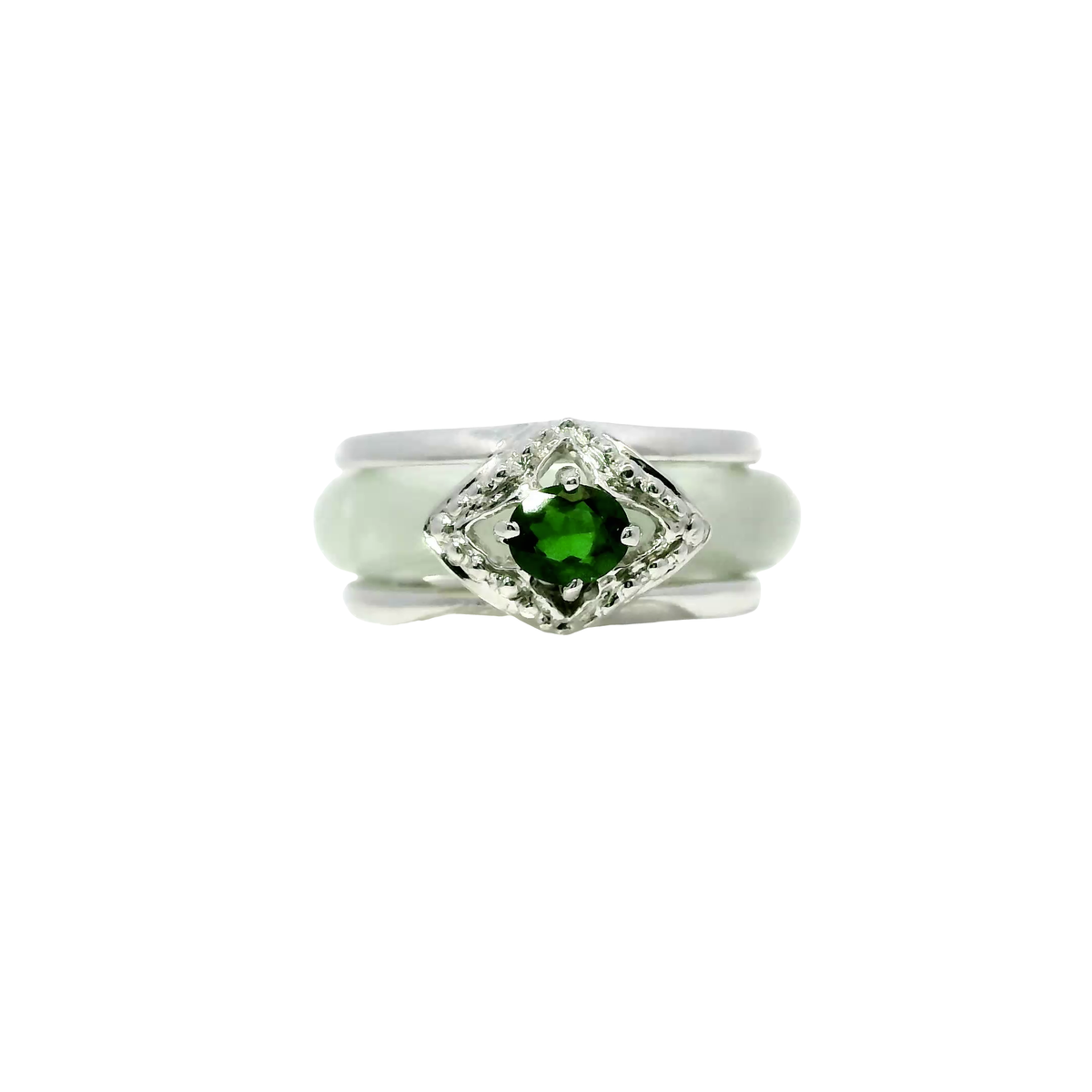 Light apple vintage green jadeite ring with chrome diopside accent, 925 silver, 18k white gold