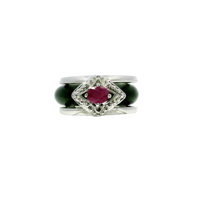 Deep imperial green jadeite ring with ruby accent, 925 silver and 18k white gold plating