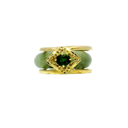 Vintage green jadeite ring with chrome diopside accent in 925 silver and 18k gold plating