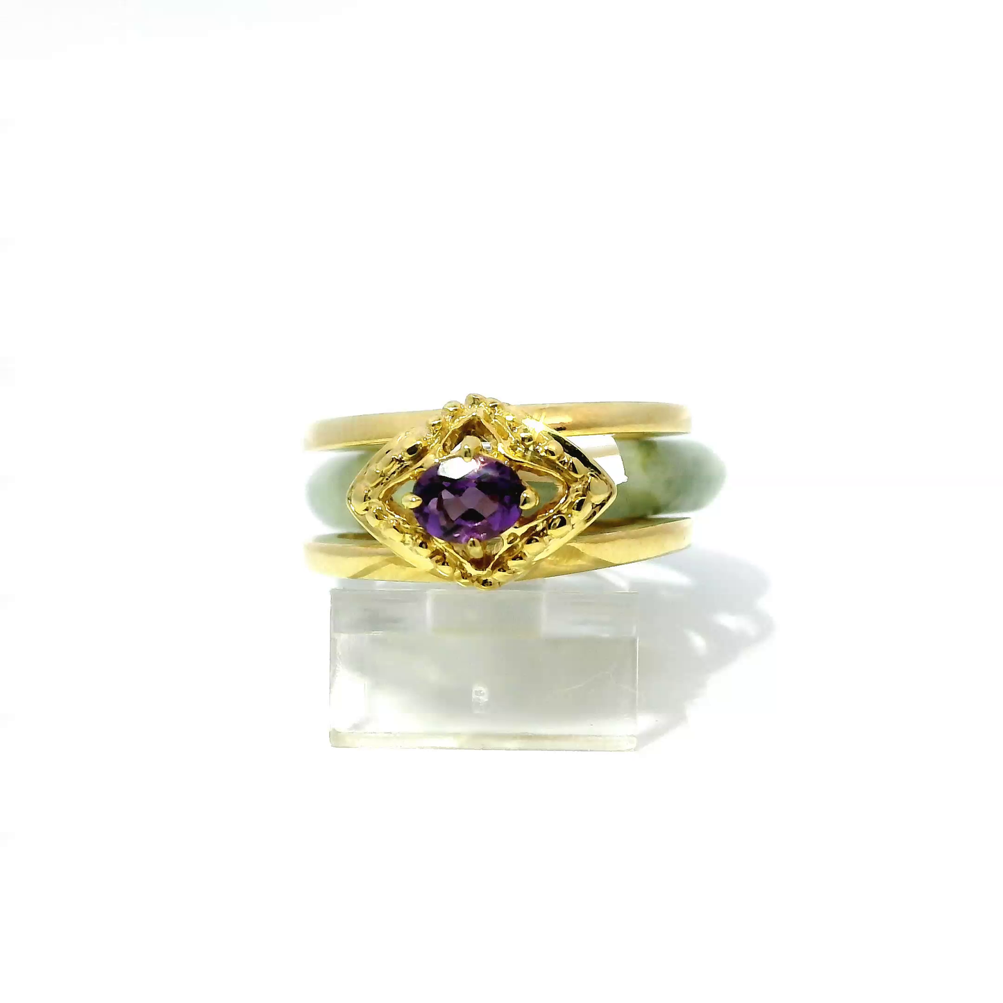 Ocean blue and deep apple green jadeite ring with amethyst accent, 925 silver, 18k gold