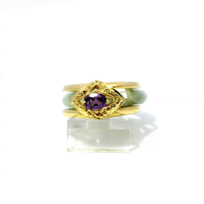 Ocean blue and deep apple green jadeite ring with amethyst accent, 925 silver, 18k gold