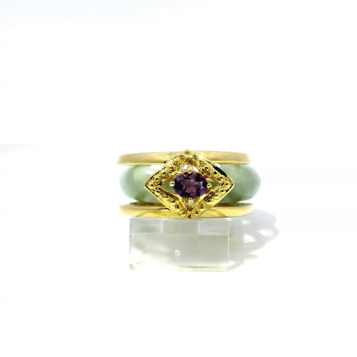 Light apple ocean blue jadeite ring with amethyst accent, 925 silver and 18k gold plating