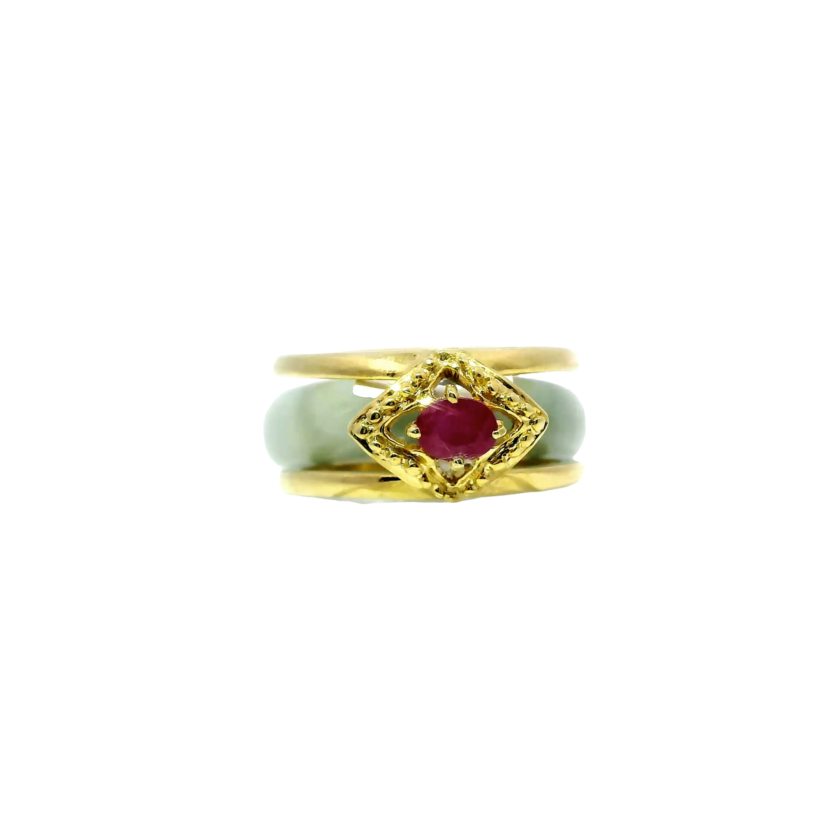Ocean blue wuji jadeite ring with ruby accent in 925 silver and 18k gold plating