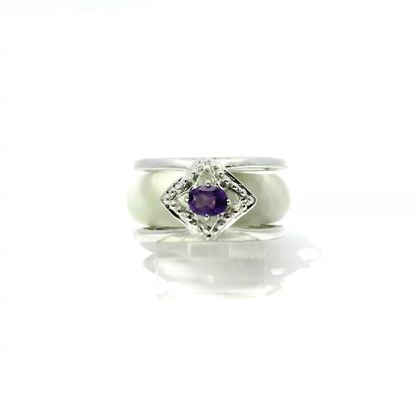 White jadeite detachable ring with amethyst accent in 925 silver and 18k white gold plating