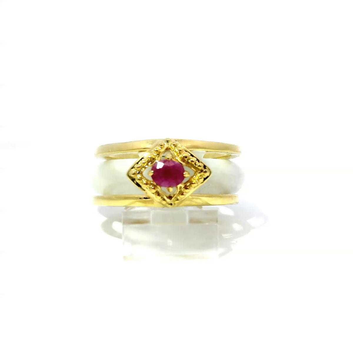 White jadeite detachable ring with ruby accent in 925 silver and 18k gold plating