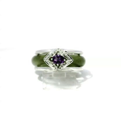Banana leaf vintage green jadeite ring with amethyst accent, 925 silver and 18k white gold plating