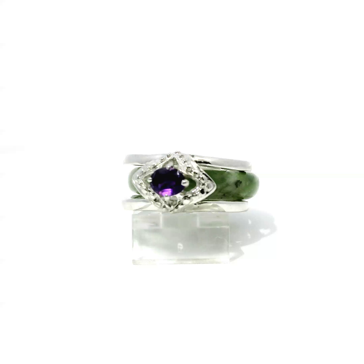 Icy apple ocean blue jadeite ring with black speckles and amethyst accent, 925 silver, 18k white gold