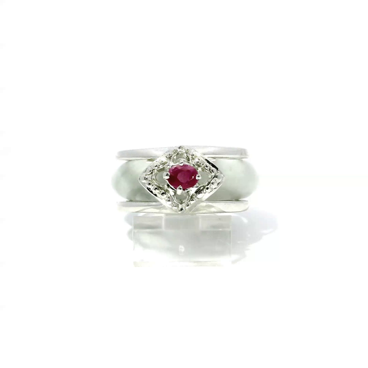 White wuji jadeite detachable ring with ruby accent in 925 sterling silver