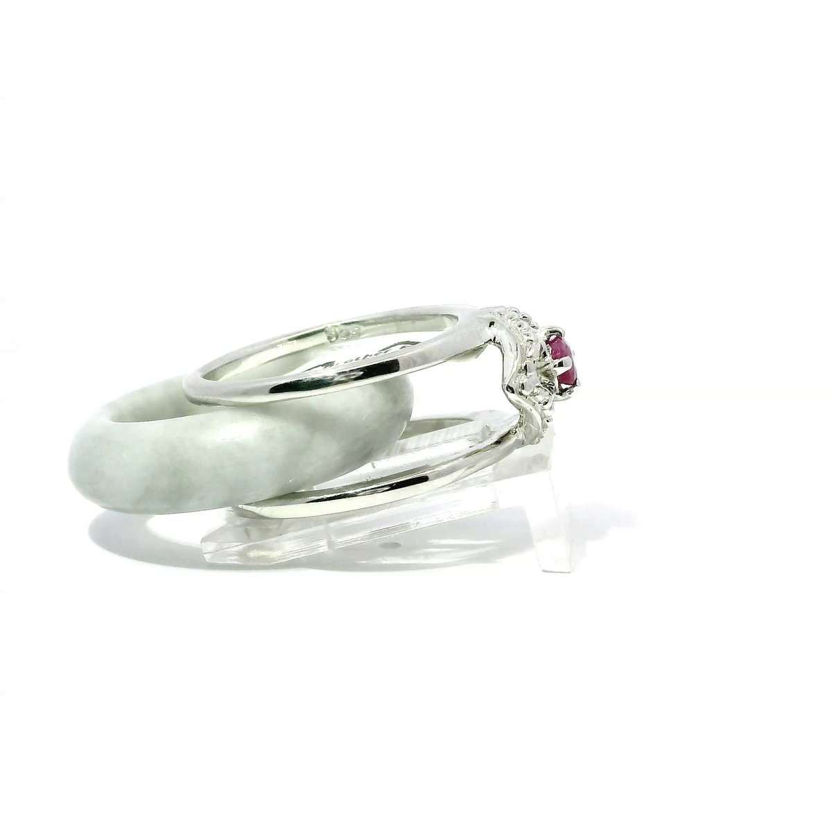 White Wuji Jadeite Detachable Ring with Ruby