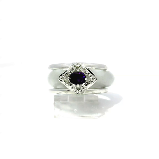 Wuji jadeite detachable ring with amethyst accent in 925 silver and 18k white gold plating
