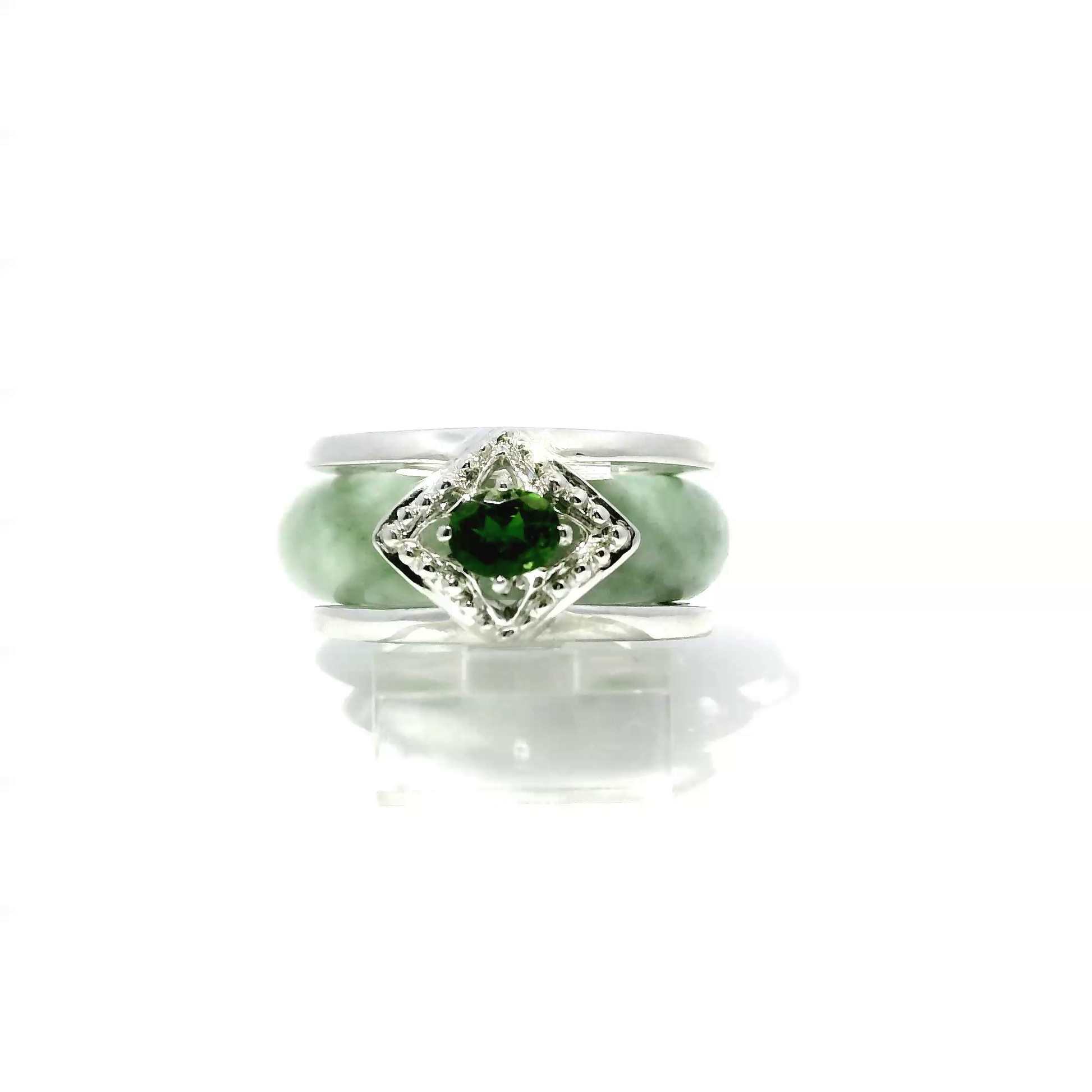Apple green Burmese jadeite ring with framed chrome diopside accent, 925 silver and 18k white gold