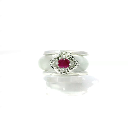 White jadeite detachable ring with ruby accent in 925 silver and 18k white gold plating