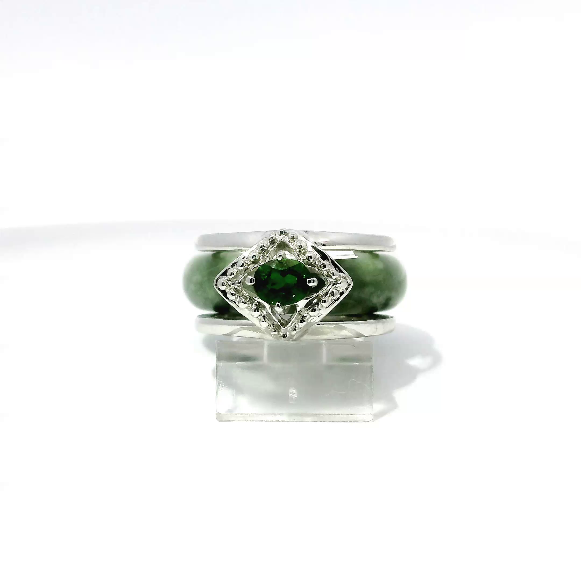 Ocean blue imperial jadeite ring with chrome diopside gemstone, convertible 925 silver and 18k white gold