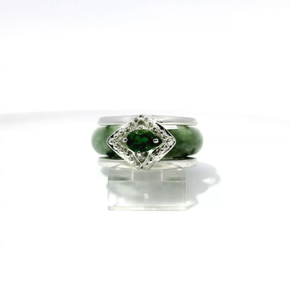 Ocean blue imperial jadeite ring with chrome diopside gemstone, convertible 925 silver and 18k white gold