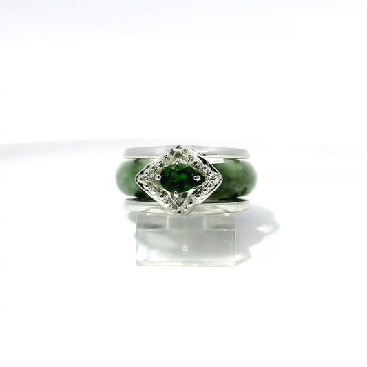 Ocean blue imperial jadeite ring with chrome diopside gemstone, convertible 925 silver and 18k white gold