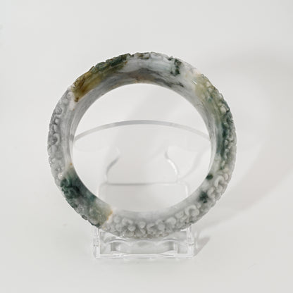 Engraved Burmese Jade Bangle Cuff – White & Vintage