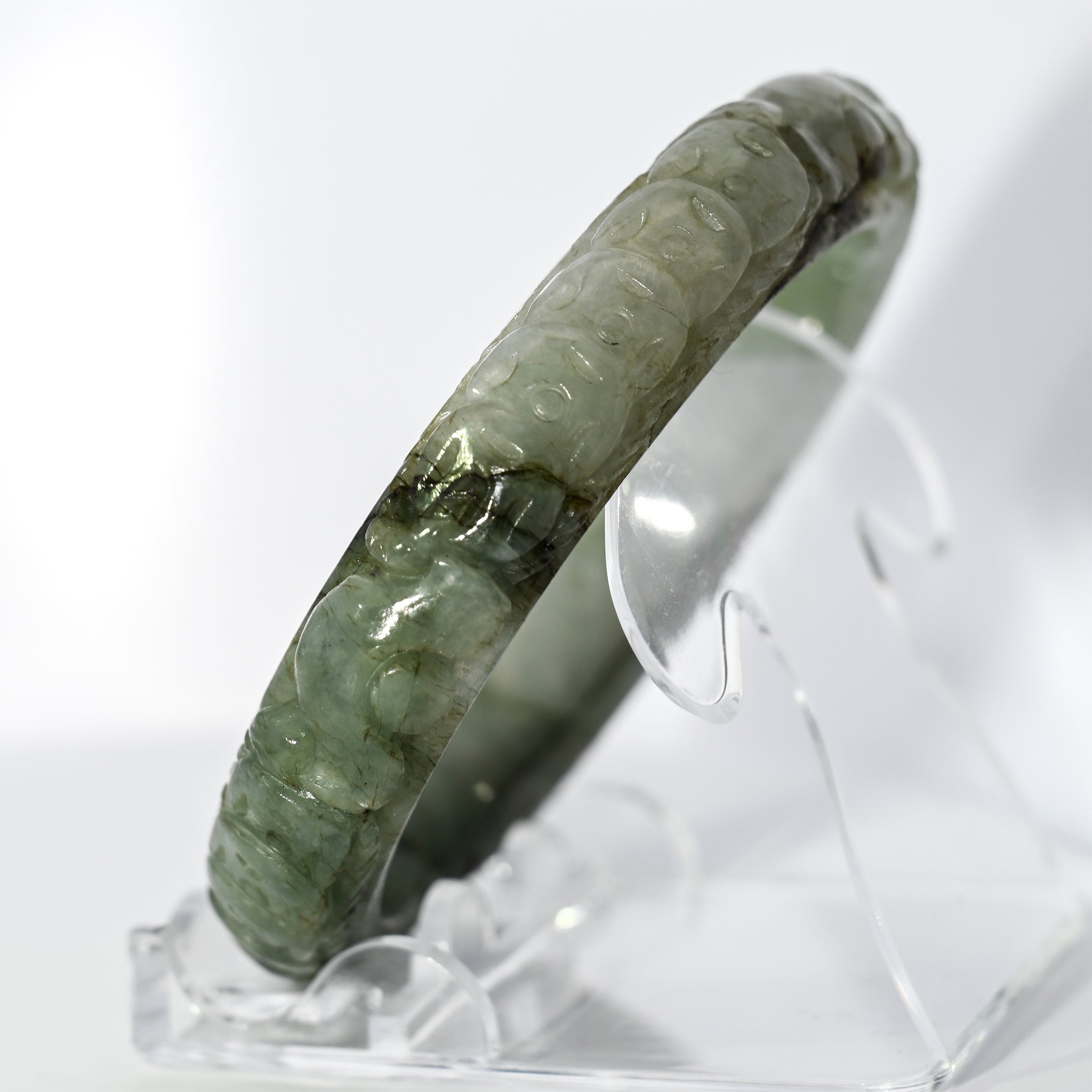 S59 Vintage Lucky Money Coin Carved Jade Bangle