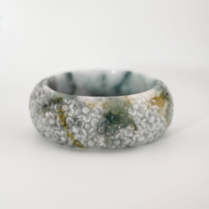 Floral-engraved Burmese jadeite bangle cuff in lavender, ocean blue, imperial green and golden vintage tones