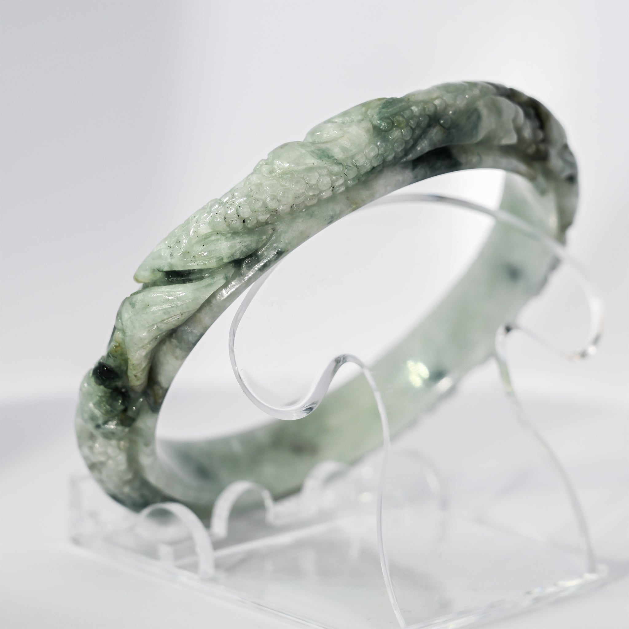 S59 Icy Off-White Twin Dragon Carved Jade Bangle