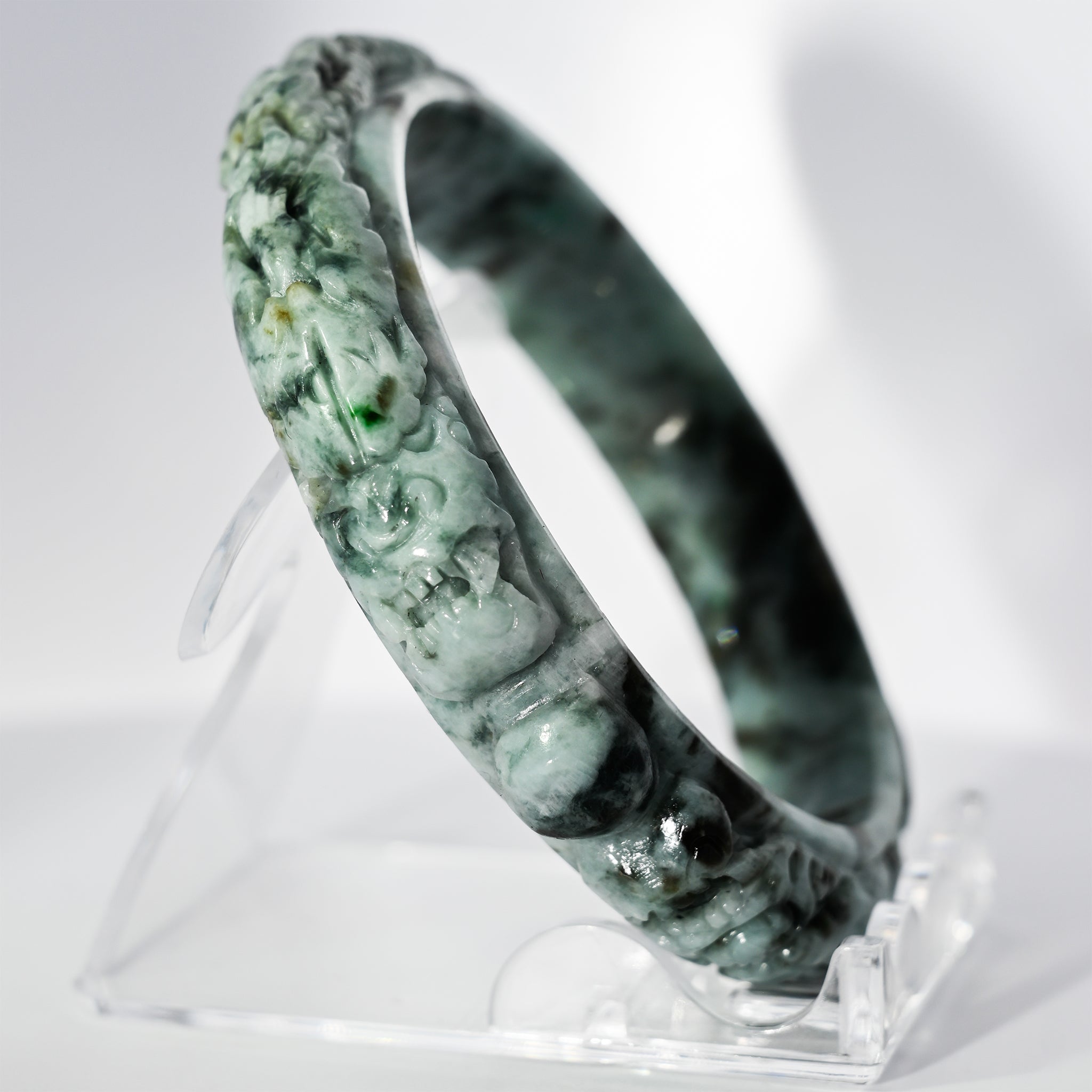 S57 Ocean Blue Twin Dragon Carved Jade Bangle