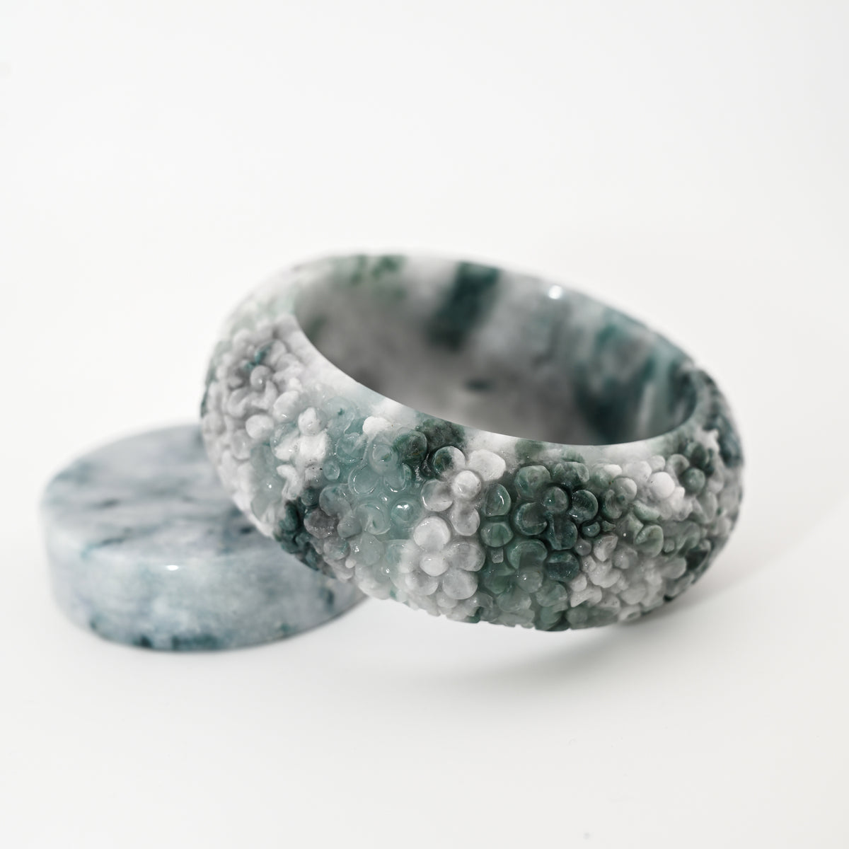 Engraved Burmese Jade Bangle Cuff – Lavender & Ocean Blue