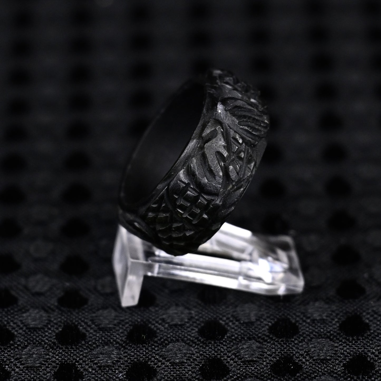 Black Jade Bead Bracelet & Dragon Scale Engraved Jade Ring Set