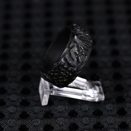 Black Jade Bead Bracelet & Dragon Scale Engraved Jade Ring Set