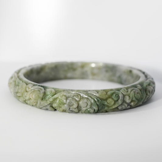 S58/59 Apple Lavender Floral Carved Jade Bangle